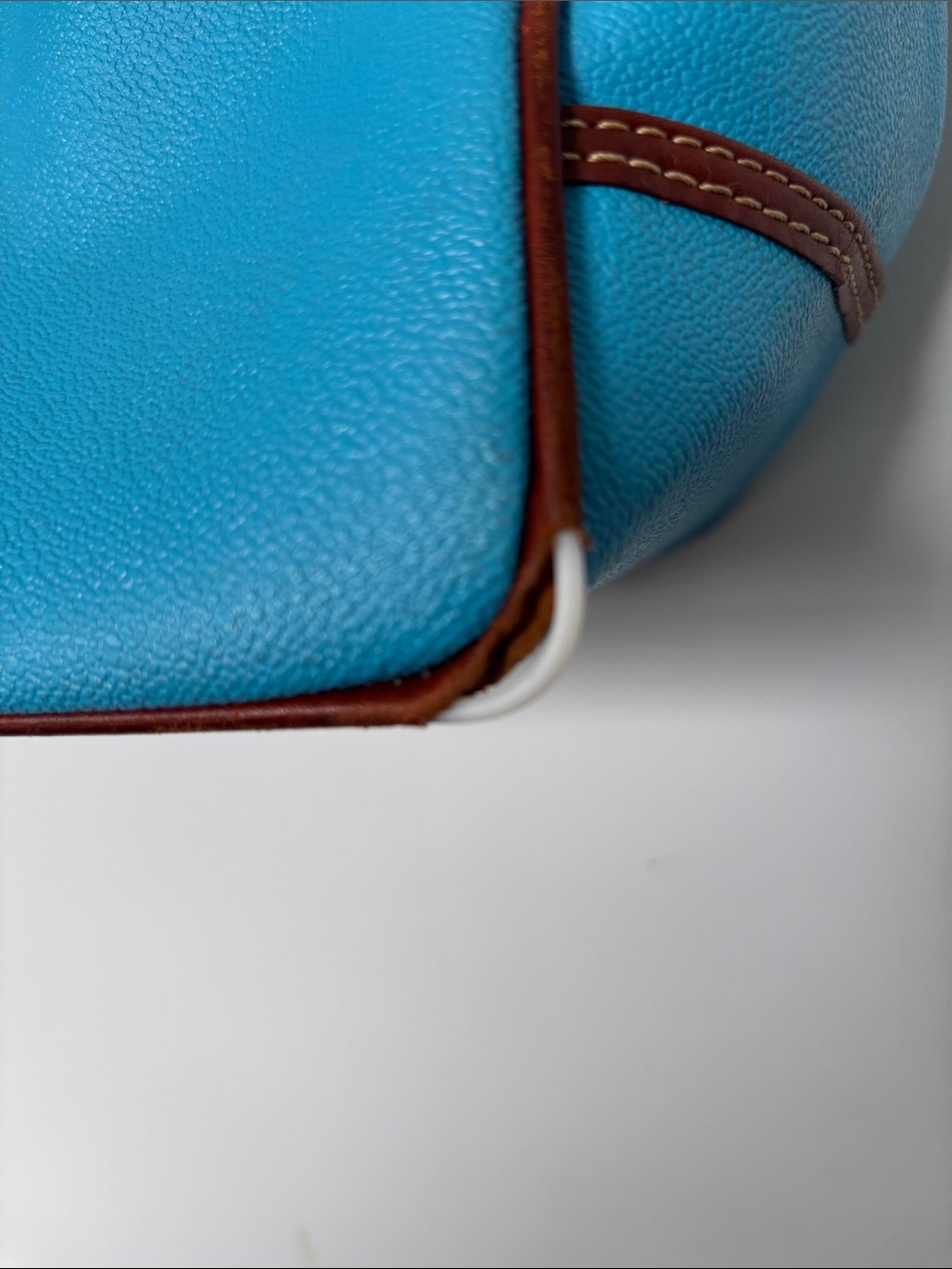 Doonie &Bourke TurquoiseTote with Brown Leather Trim ( some damage on bottom edg - Picture 4 of 5